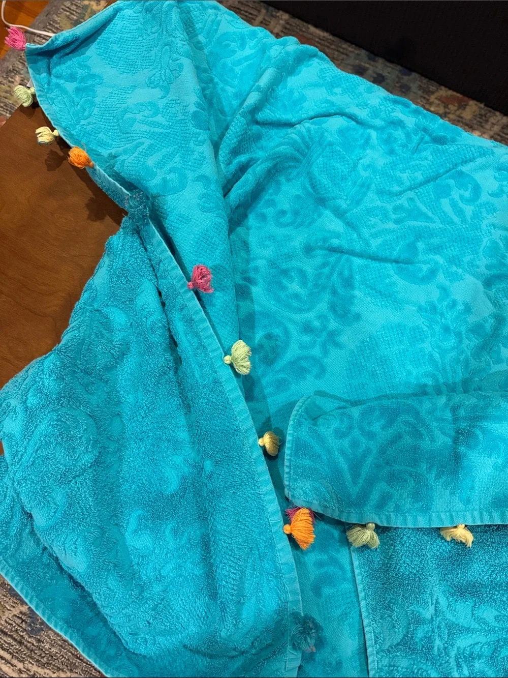 Turquoise Damask type Beach Towel with tassels